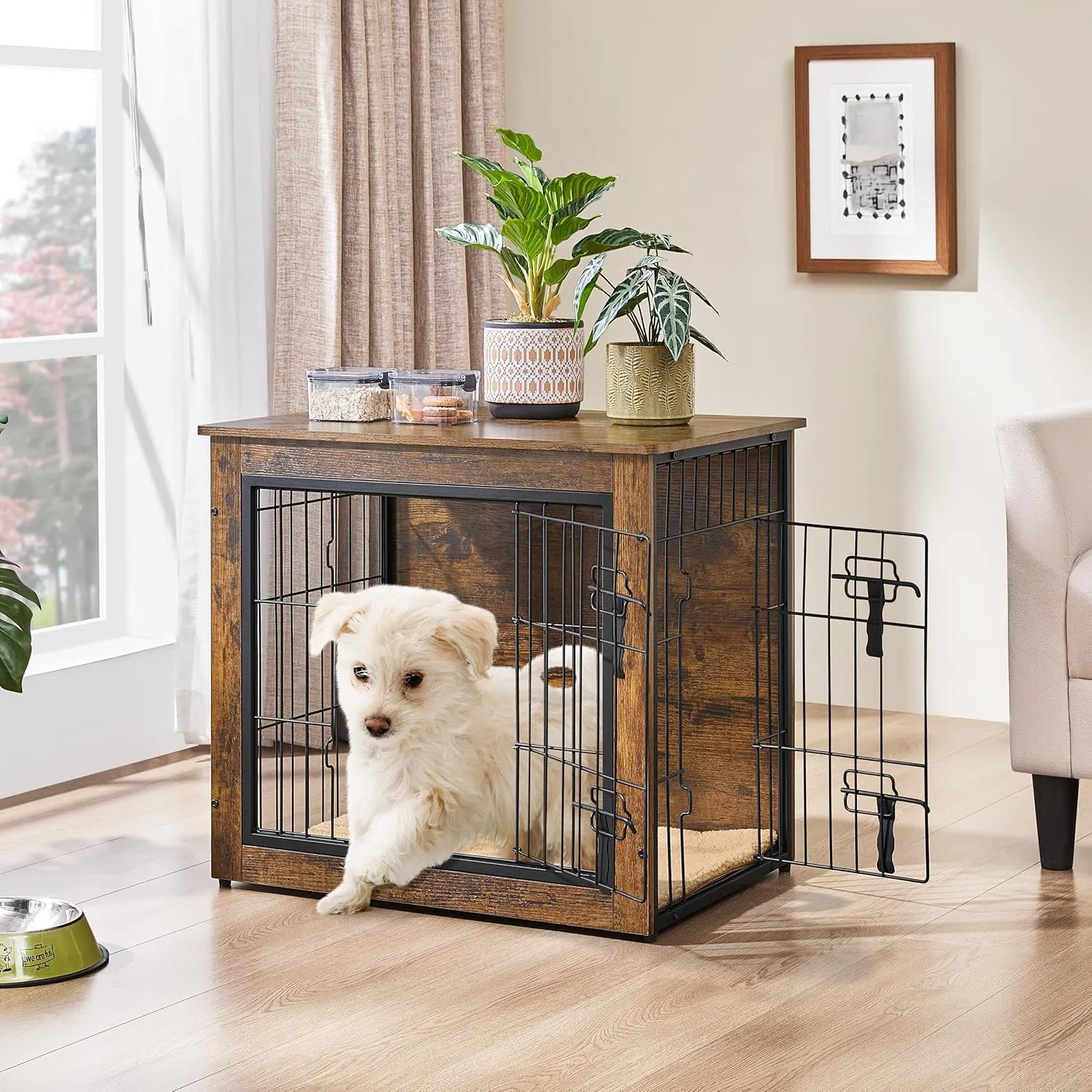 Yaheetech 27.5'' Dog Crate Furniture with Cushion Wooden Dog Crate with Double Doors/Adjustable Feet Side End Table for Small/Medium Dogs, 27.5" L x 20" W x 24" H