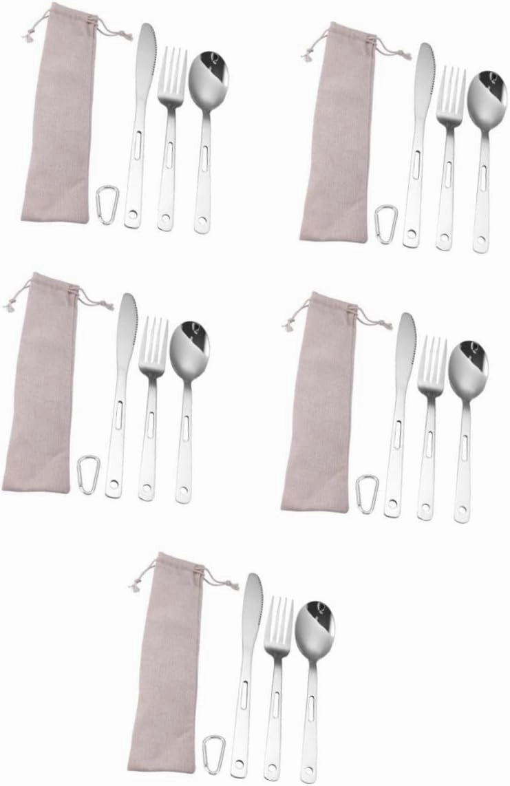 Yardwe 5sets Portable Camping Cutlery Stainless Steel Utensils Fork Spoon and for Bbq Picnic and Outdoor Cooking Compact and Easy to Carry Tableware