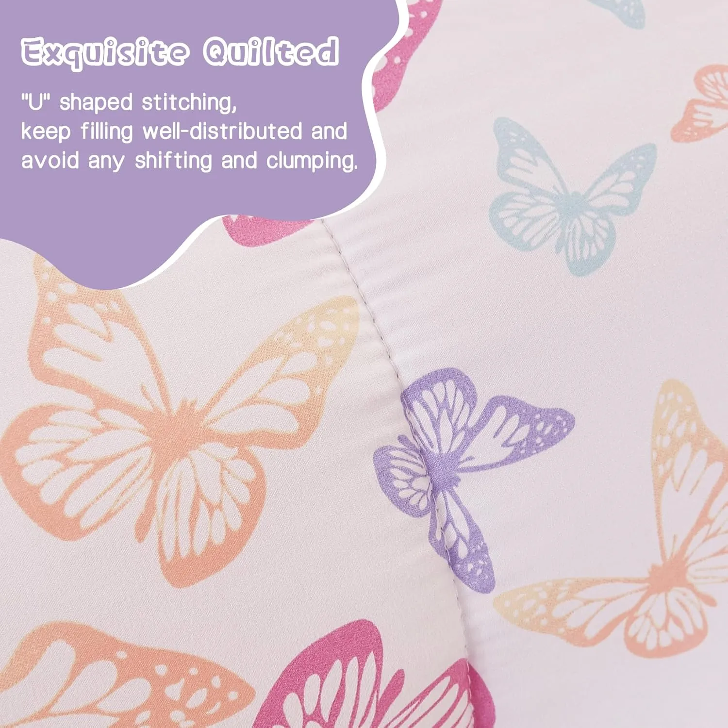 Yibeizi Butterfly Kids Comforter Set for Girls Full Size, Cute Quilted Lavender Printed Bedding Set with Pillow Sham, Lightweight Soft Breathable Machine Washable Bed Set 3 Piece
