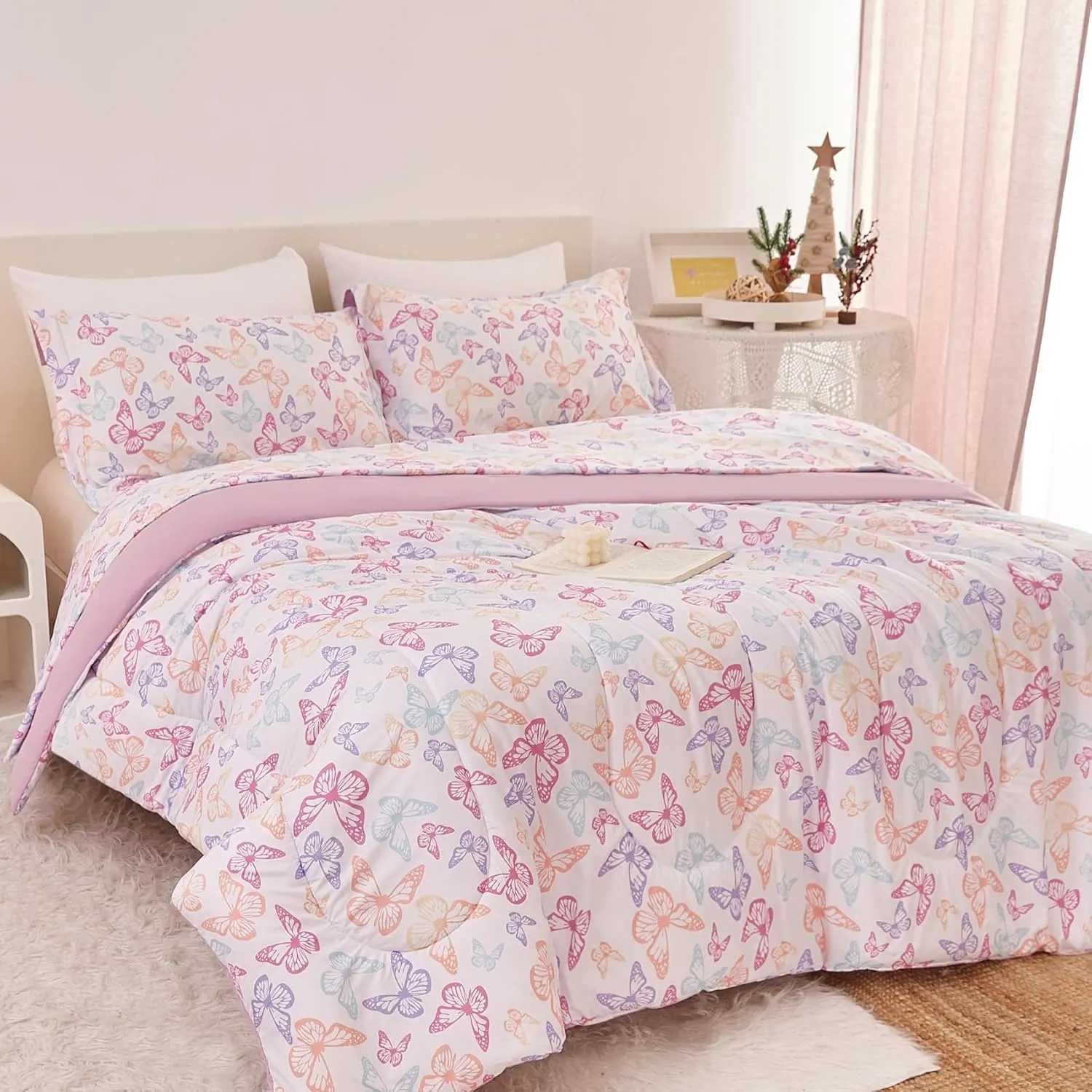 Yibeizi Butterfly Kids Comforter Set for Girls Full Size, Cute Quilted Lavender Printed Bedding Set with Pillow Sham, Lightweight Soft Breathable Machine Washable Bed Set 3 Piece