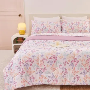 Yibeizi Butterfly Kids Comforter Set for Girls Full Size, Cute Quilted Lavender Printed Bedding Set with Pillow Sham, Lightweight Soft Breathable Machine Washable Bed Set 3 Piece