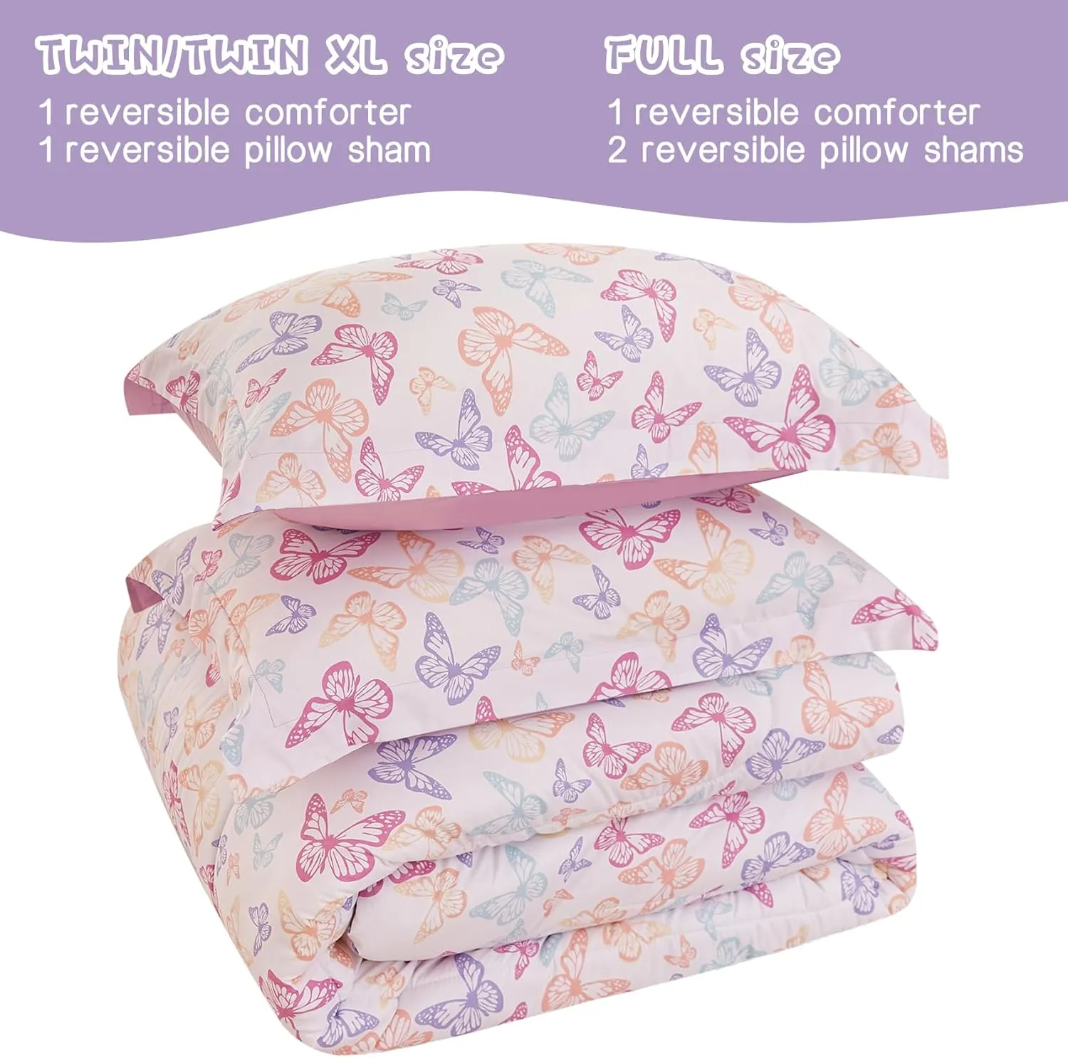 Yibeizi Butterfly Kids Comforter Set for Girls Full Size, Cute Quilted Lavender Printed Bedding Set with Pillow Sham, Lightweight Soft Breathable Machine Washable Bed Set 3 Piece