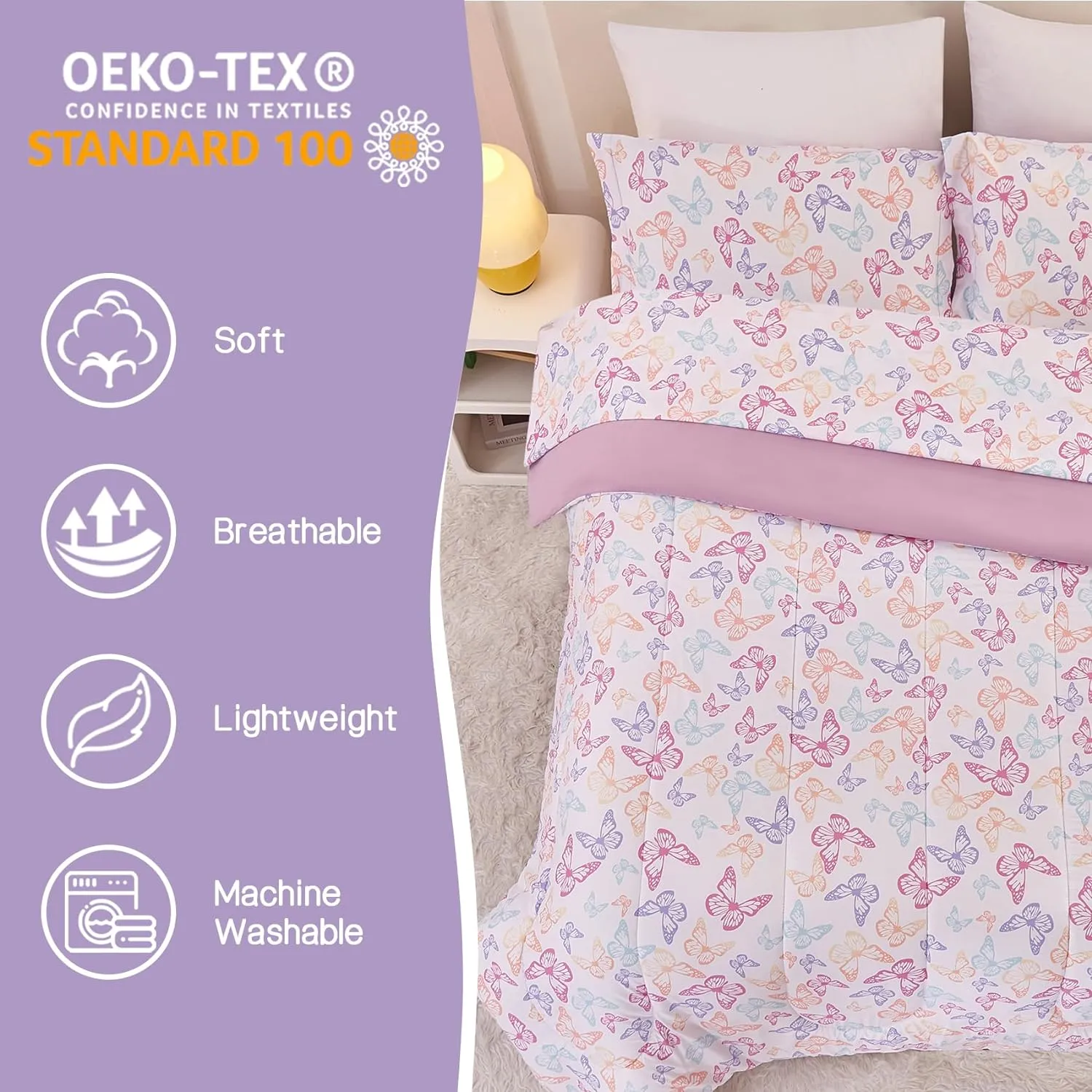 Yibeizi Butterfly Kids Comforter Set for Girls Full Size, Cute Quilted Lavender Printed Bedding Set with Pillow Sham, Lightweight Soft Breathable Machine Washable Bed Set 3 Piece