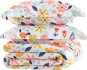 Yibeizi Floral Comforter Set for Girls Full Size, Kids Cute Patterned Bedding Set with Pillow Sham, Lightweight Soft Breathable Machine Washable Quilt Bed Comforter Set 3 Piece