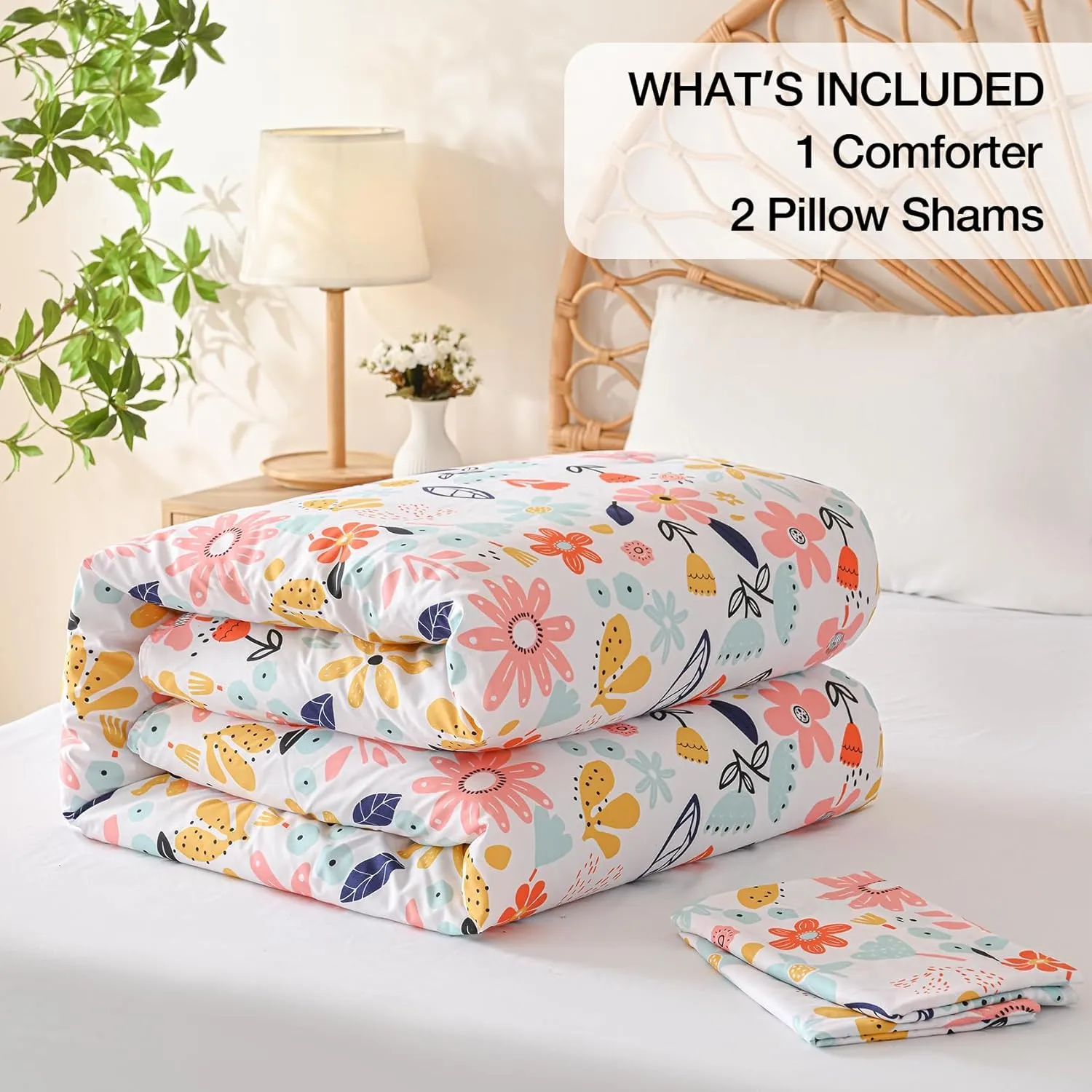 Yibeizi Floral Comforter Set for Girls Full Size, Kids Cute Patterned Bedding Set with Pillow Sham, Lightweight Soft Breathable Machine Washable Quilt Bed Comforter Set 3 Piece