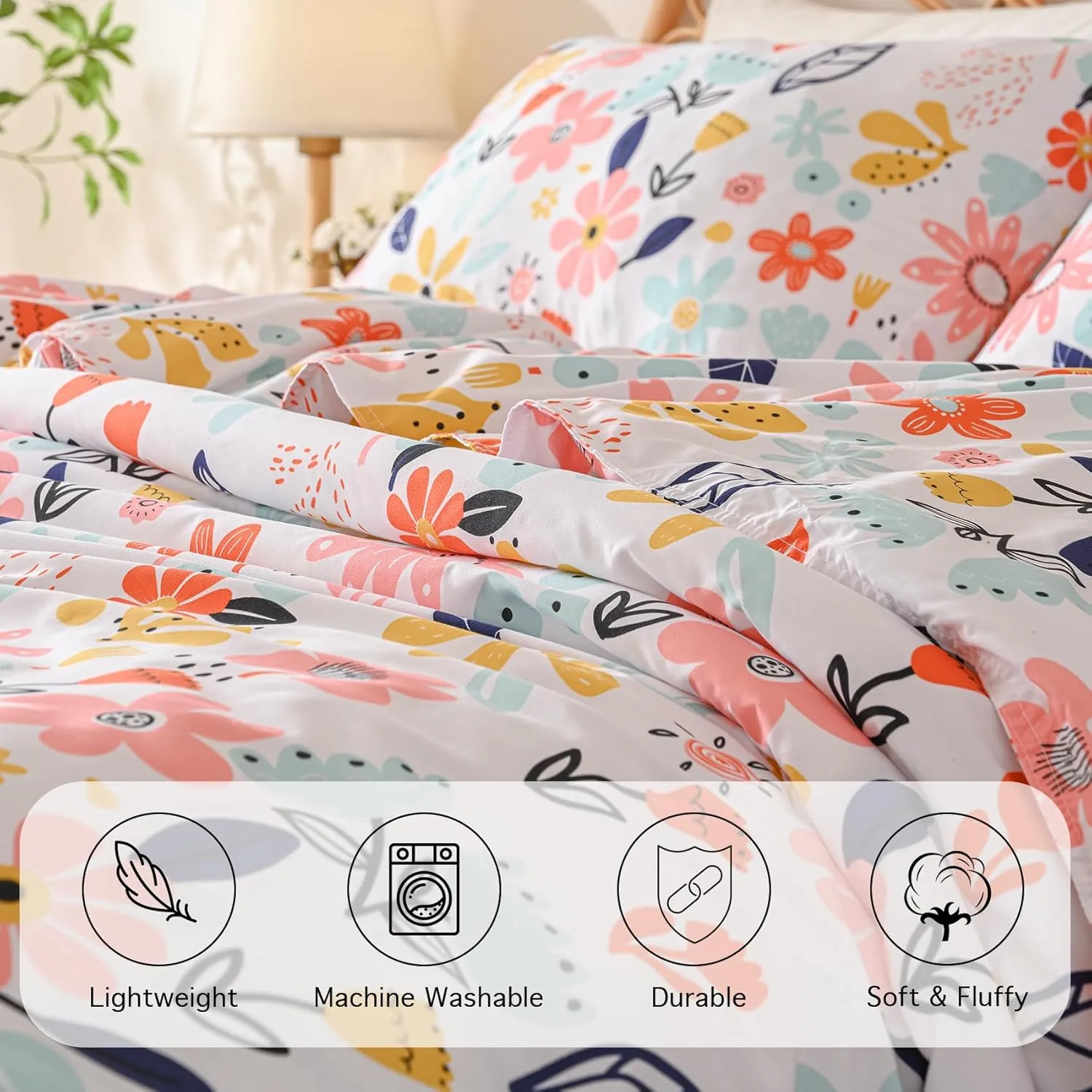 Yibeizi Floral Comforter Set for Girls Full Size, Kids Cute Patterned Bedding Set with Pillow Sham, Lightweight Soft Breathable Machine Washable Quilt Bed Comforter Set 3 Piece