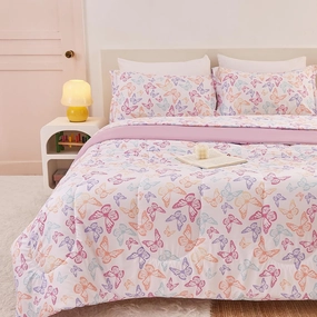 Yibeizi Butterfly Kids Comforter Set for Girls Twin, Cute Quilted Lavender Printed Bedding Set with Pillow Sham, Lightweight Soft Breathable Machine Washable Bed Set 2 Piece