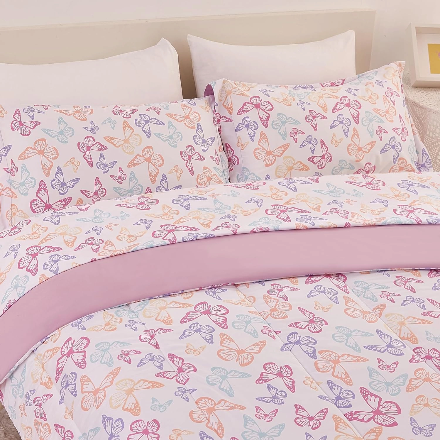 Yibeizi Butterfly Kids Comforter Set for Girls Twin, Cute Quilted Lavender Printed Bedding Set with Pillow Sham, Lightweight Soft Breathable Machine Washable Bed Set 2 Piece