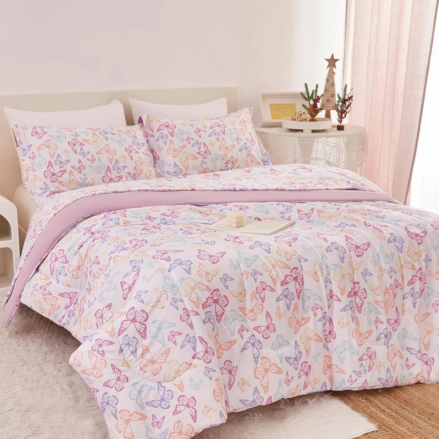 Yibeizi Butterfly Kids Comforter Set for Girls Twin, Cute Quilted Lavender Printed Bedding Set with Pillow Sham, Lightweight Soft Breathable Machine Washable Bed Set 2 Piece