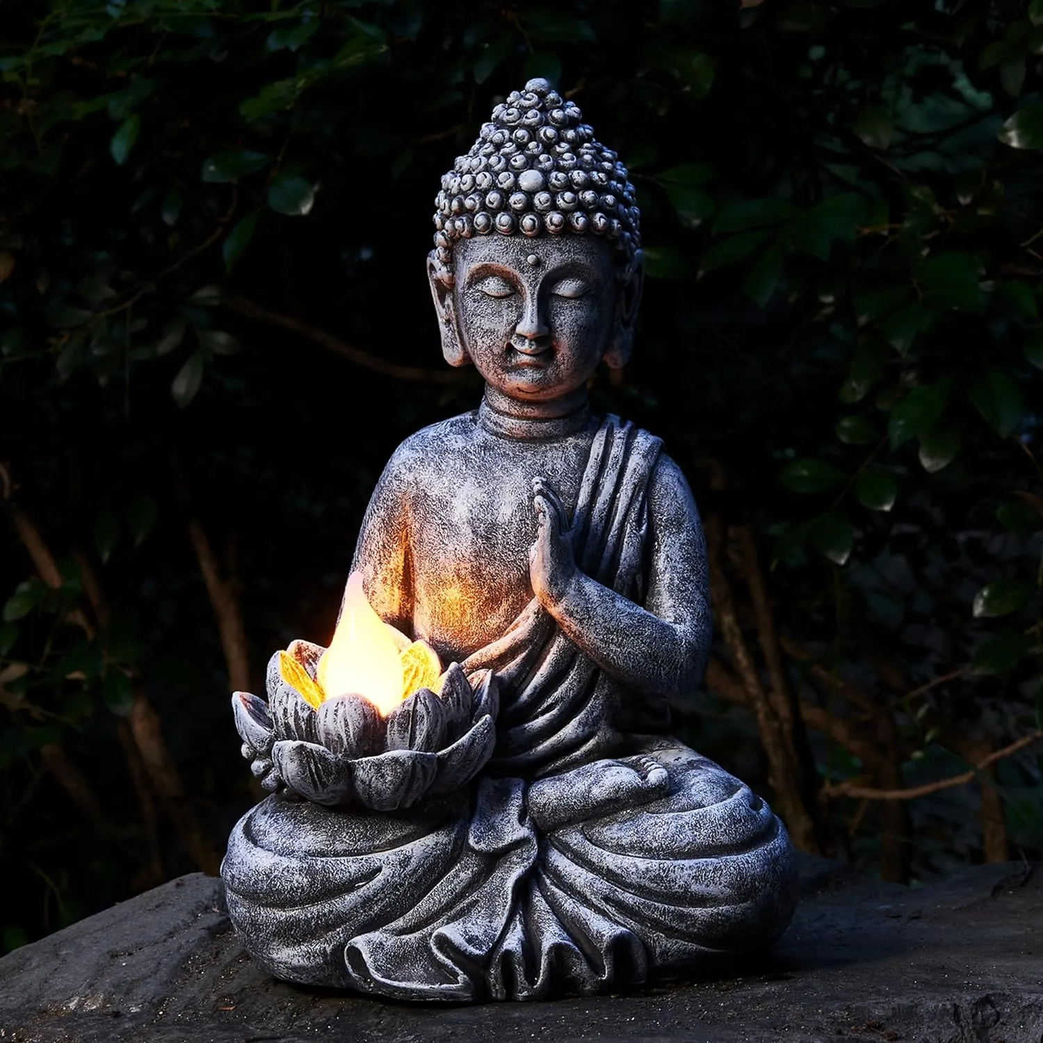 Yiosax-Solar Buddha Statue for Outdoor-Garden Solar Zen Buddha Sculpture - Buddha Flickering LED Lotus Garden Light Waterproof Zen Garden Decor Gift 11.81 Inch