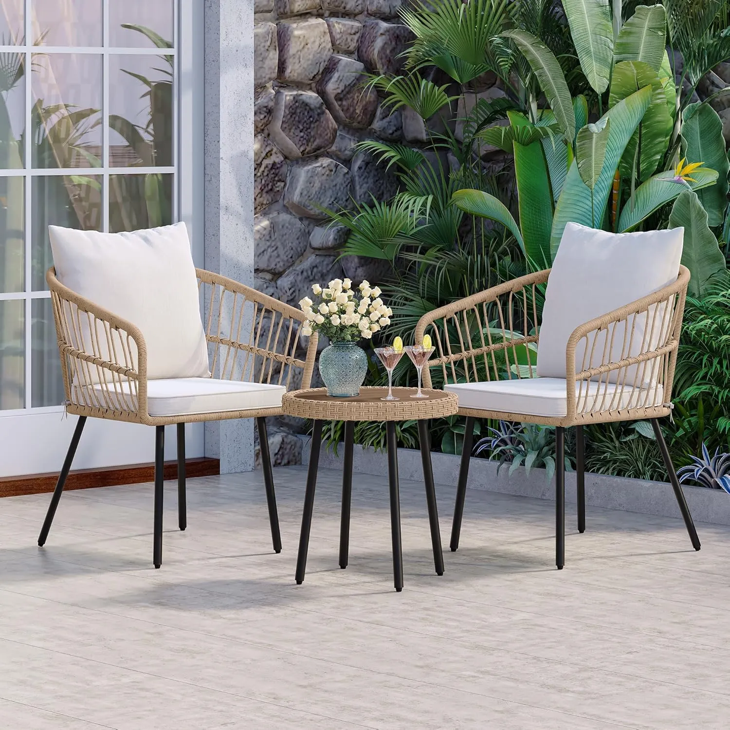 YITAHOME 3 Pieces Outdoor Wicker Patio Conversation Bistro Set, All-Weather Rattan Patio Furniture Set with Table & Cushions, Outdoor Sectional Sofa for Patio, Balcony, Backyard, Deck