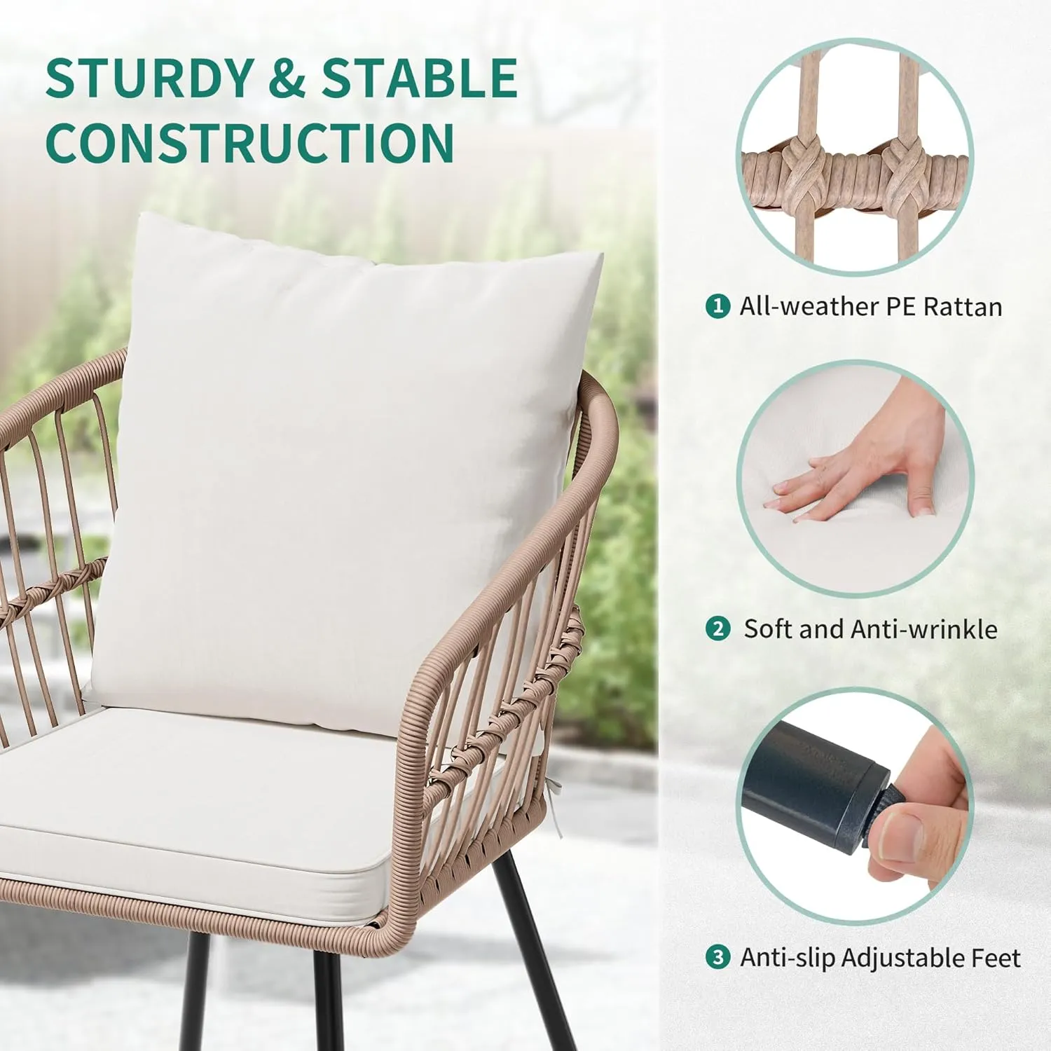 YITAHOME 3 Pieces Outdoor Wicker Patio Conversation Bistro Set, All-Weather Rattan Patio Furniture Set with Table & Cushions, Outdoor Sectional Sofa for Patio, Balcony, Backyard, Deck