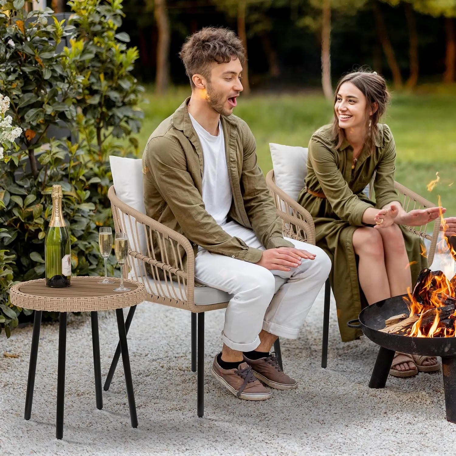 YITAHOME 3 Pieces Outdoor Wicker Patio Conversation Bistro Set, All-Weather Rattan Patio Furniture Set with Table & Cushions, Outdoor Sectional Sofa for Patio, Balcony, Backyard, Deck