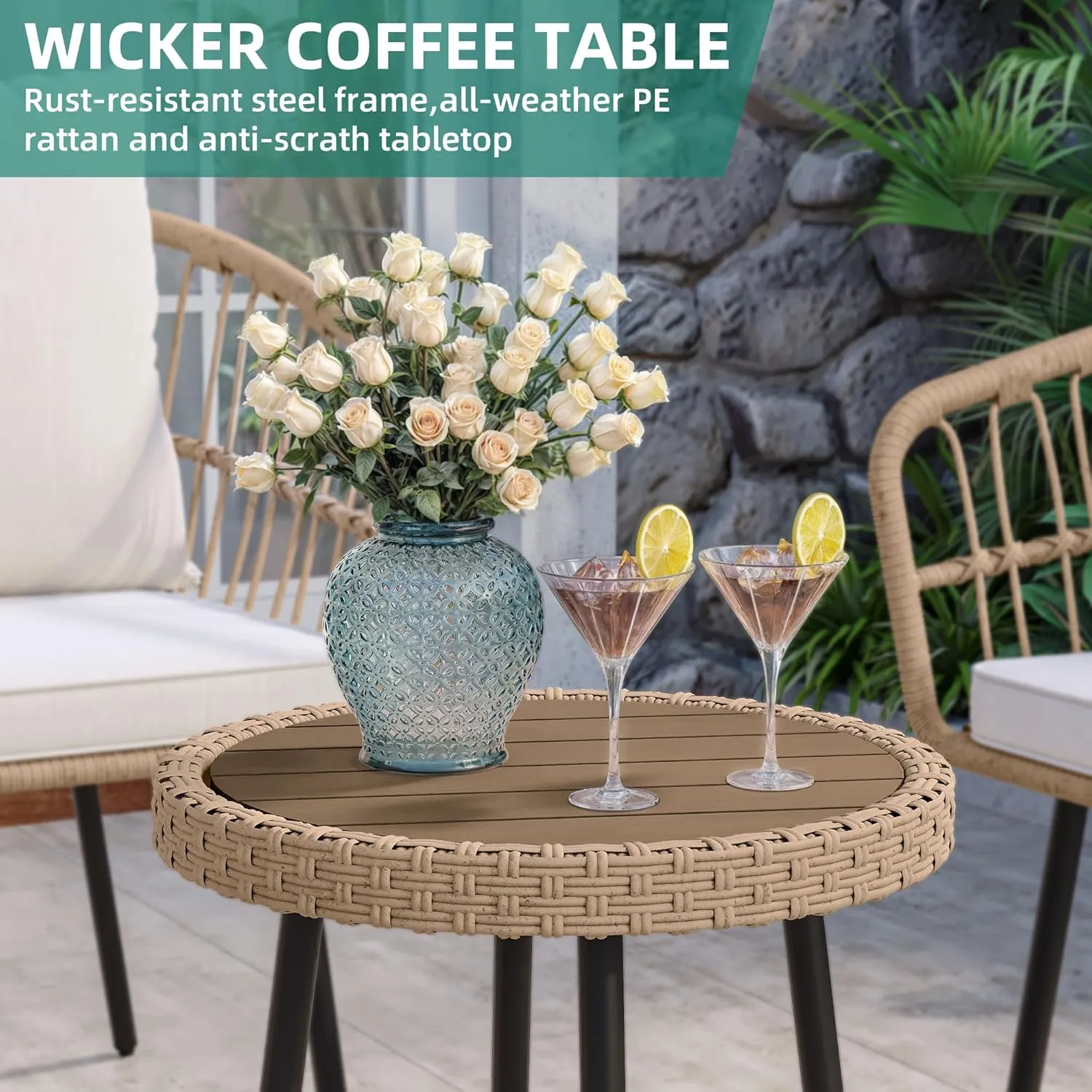 YITAHOME 3 Pieces Outdoor Wicker Patio Conversation Bistro Set, All-Weather Rattan Patio Furniture Set with Table & Cushions, Outdoor Sectional Sofa for Patio, Balcony, Backyard, Deck