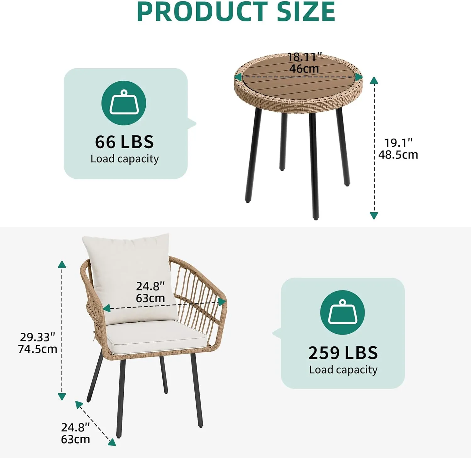 YITAHOME 3 Pieces Outdoor Wicker Patio Conversation Bistro Set, All-Weather Rattan Patio Furniture Set with Table & Cushions, Outdoor Sectional Sofa for Patio, Balcony, Backyard, Deck