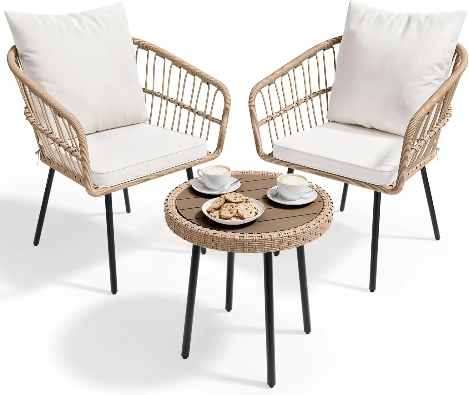 YITAHOME 3 Pieces Outdoor Wicker Patio Conversation Bistro Set, All-Weather Rattan Patio Furniture Set with Table & Cushions, Outdoor Sectional Sofa for Patio, Balcony, Backyard, Deck