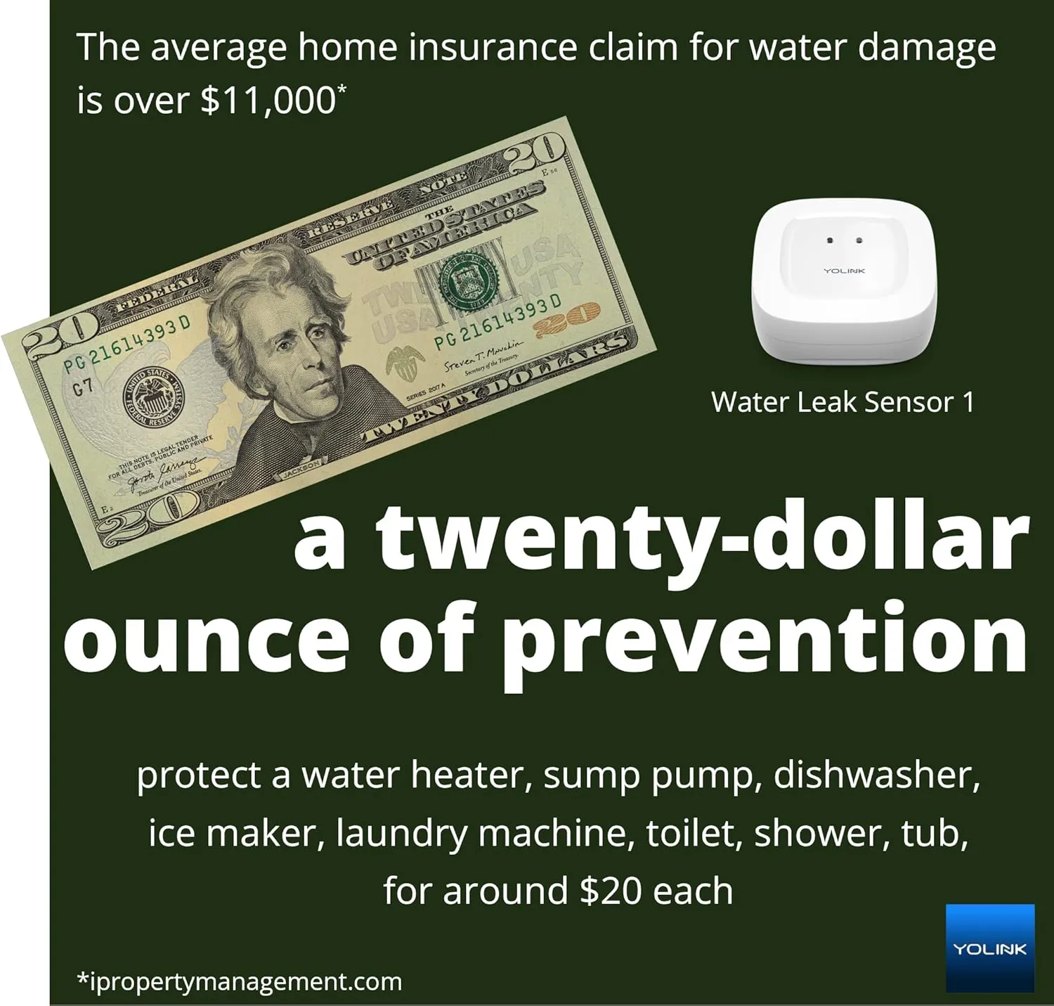 YoLink Water Leak Detector, 1/4 Mile World's Longest Range, Wireless Smart Water Leak Sensor, Alexa, IFTTT, Hub Required