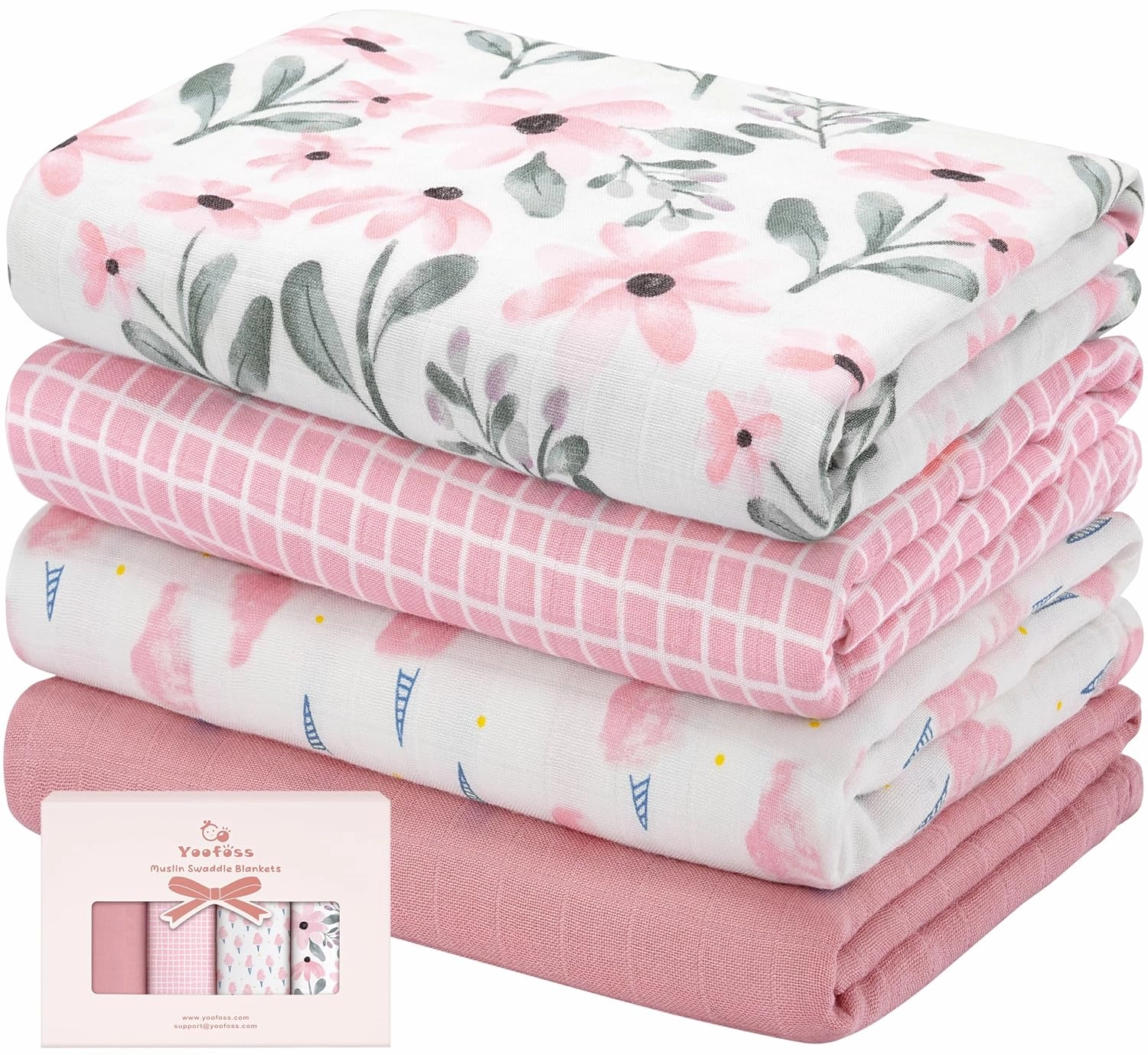Yoofoss Muslin Swaddle Blankets, 4-Pack Receiving Blankets for Baby Boys and Girls, 47 x 47 Inches Baby Blanket Neutral Swaddle Wrap 70% Rayon from Bamboo and 30% Cotton