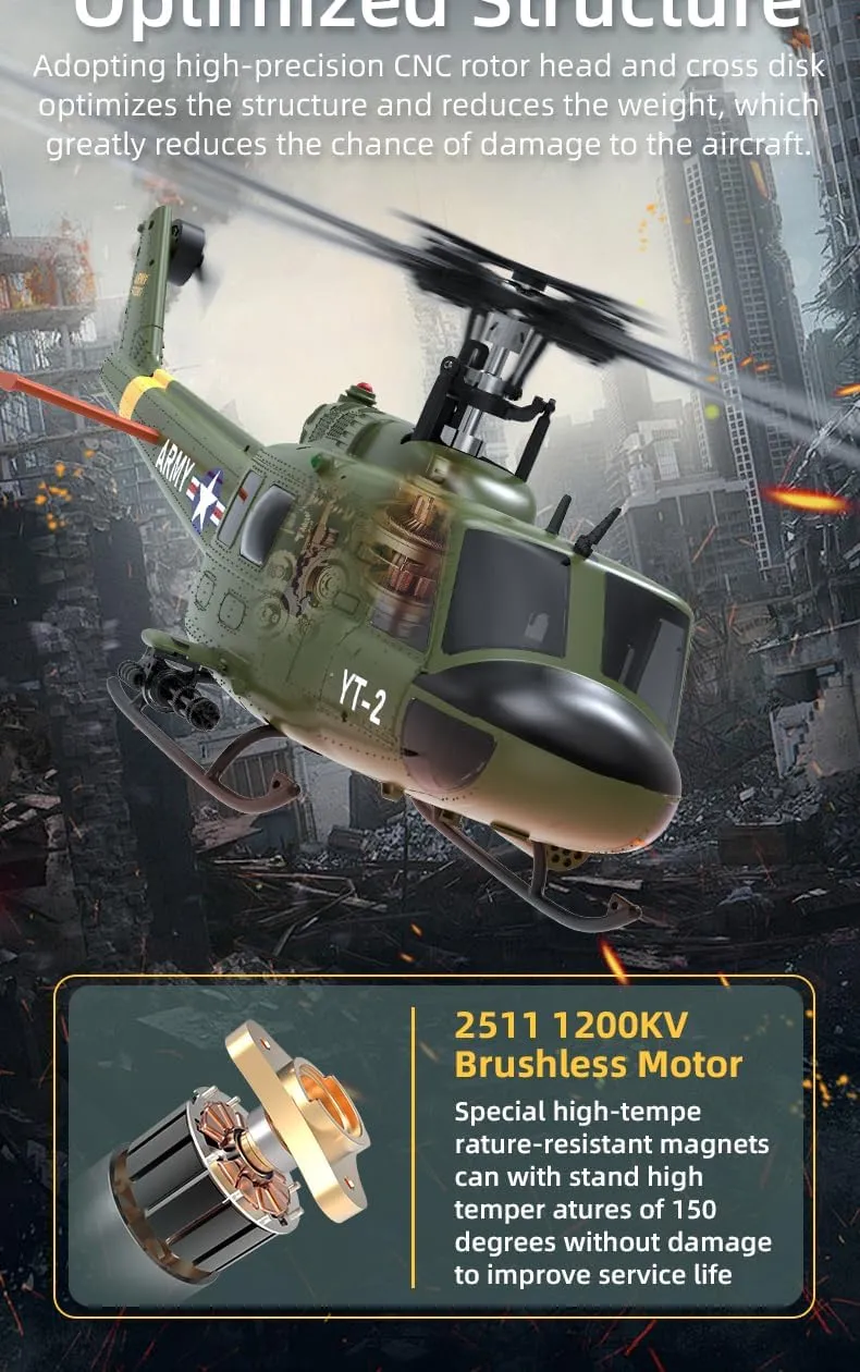 YUXIANG F07 UH-1D RC Helicopter Toys for Adults, 1/34 Scale 2.4G 6CH 6G/3D Stabilized Aircraft 6-Axis Gyro Brushless Flybarless Helicopter for UH-1 Huey - RTF / 2 Battery