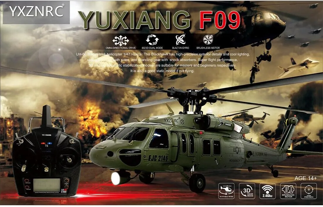 YUXIANG YXZNRC F09 RC Helicopter for Adults, 1/47 2.4G Remote Control Military Aircraft Helicopter Model, Brushless Direct Drive RC Airplanes Toy (RTF), 42.5 x 42 x 12cm, 05D16C0343R6V5