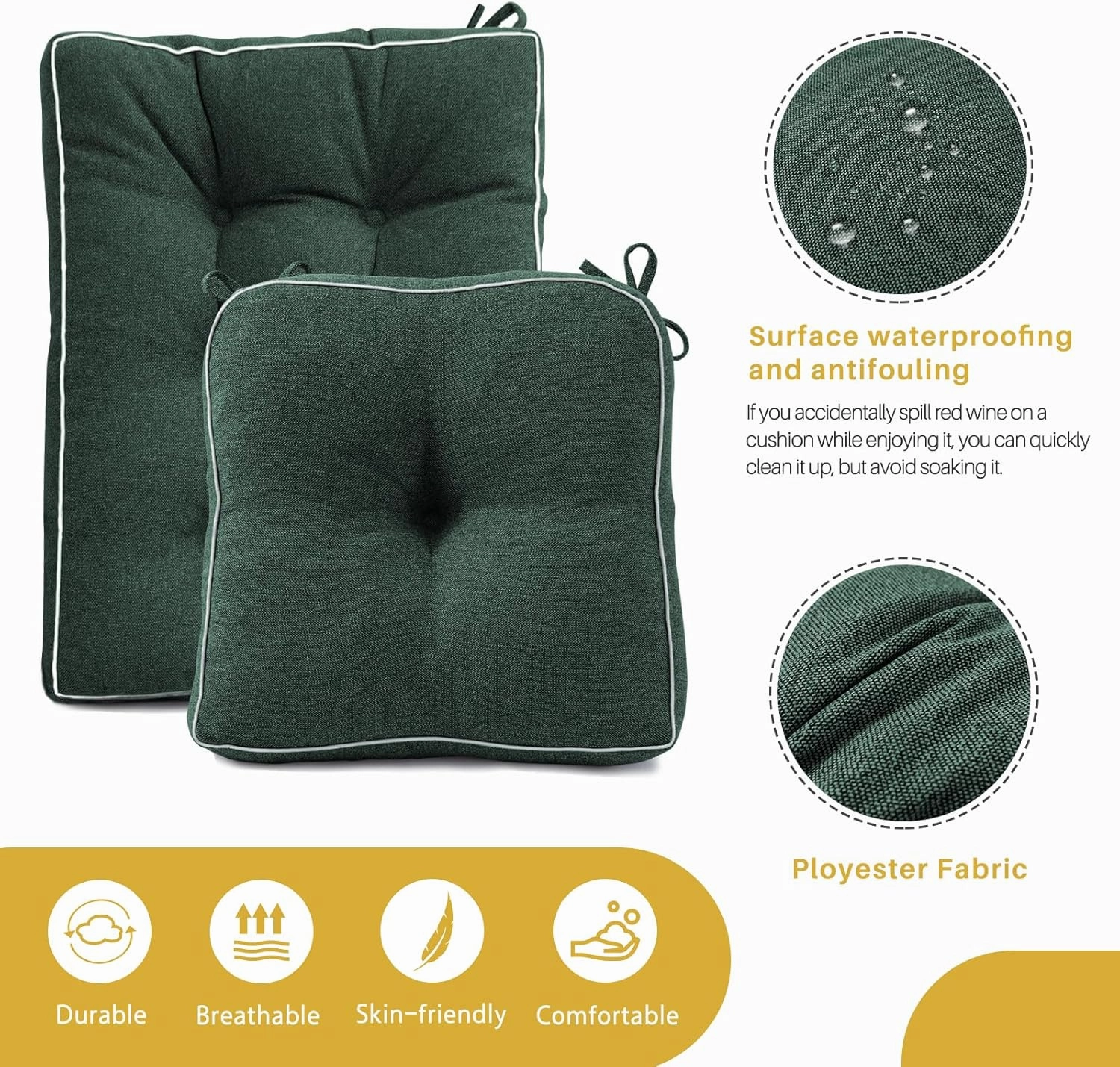 YZ HOME Rocking Chair Cushion, Set of Thicken Seat & Back Chair Cushions with Memory Foam, Non-Slip Chair Pad with Ties for for Indoor&Outdoor Rocker, Dark Green, 22x17x5/17x17x5
