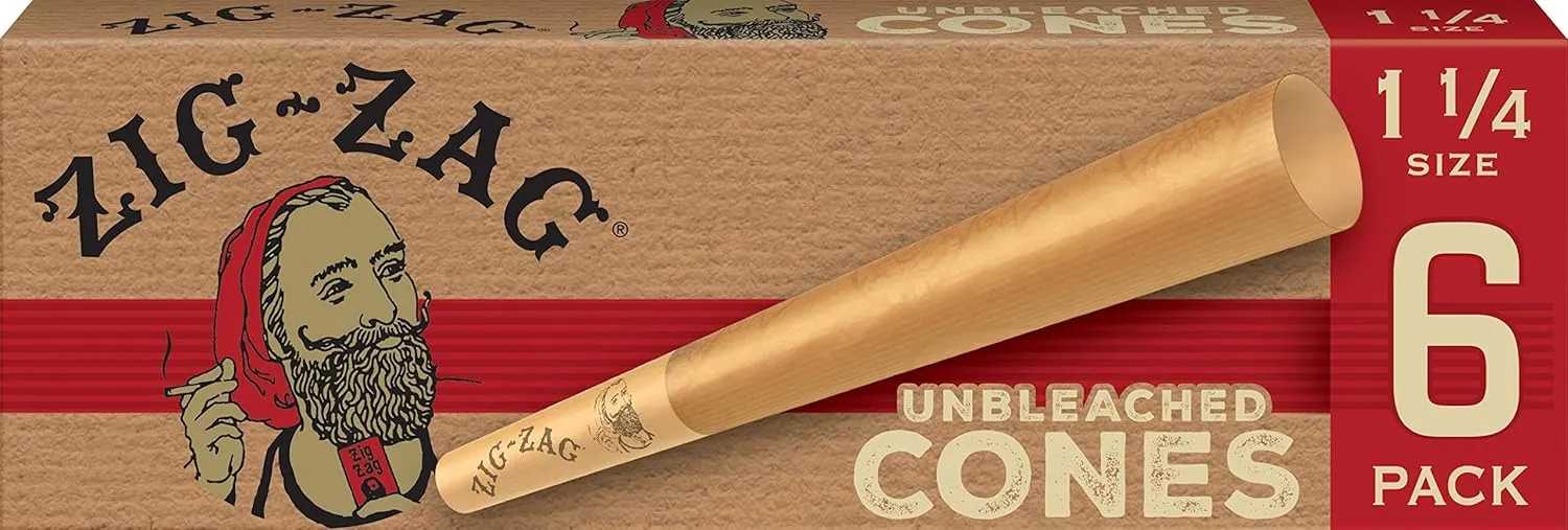 Zig-Zag Unbleached Pre Rolled Paper Cones - 1 1/4 Size (84mm) - 24 Packs of 6 (144 Total Cones) - Prerolled