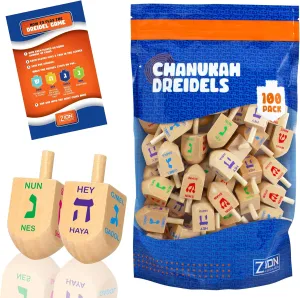 Zion Judaica Bulk Pack Wood Dreidels Medium Bulk-Pack Wooden Hanukkah Dreidles in Ziplock Bag Traditional Chanukah Game Hanukkah Spinning Tops (100 Pack)