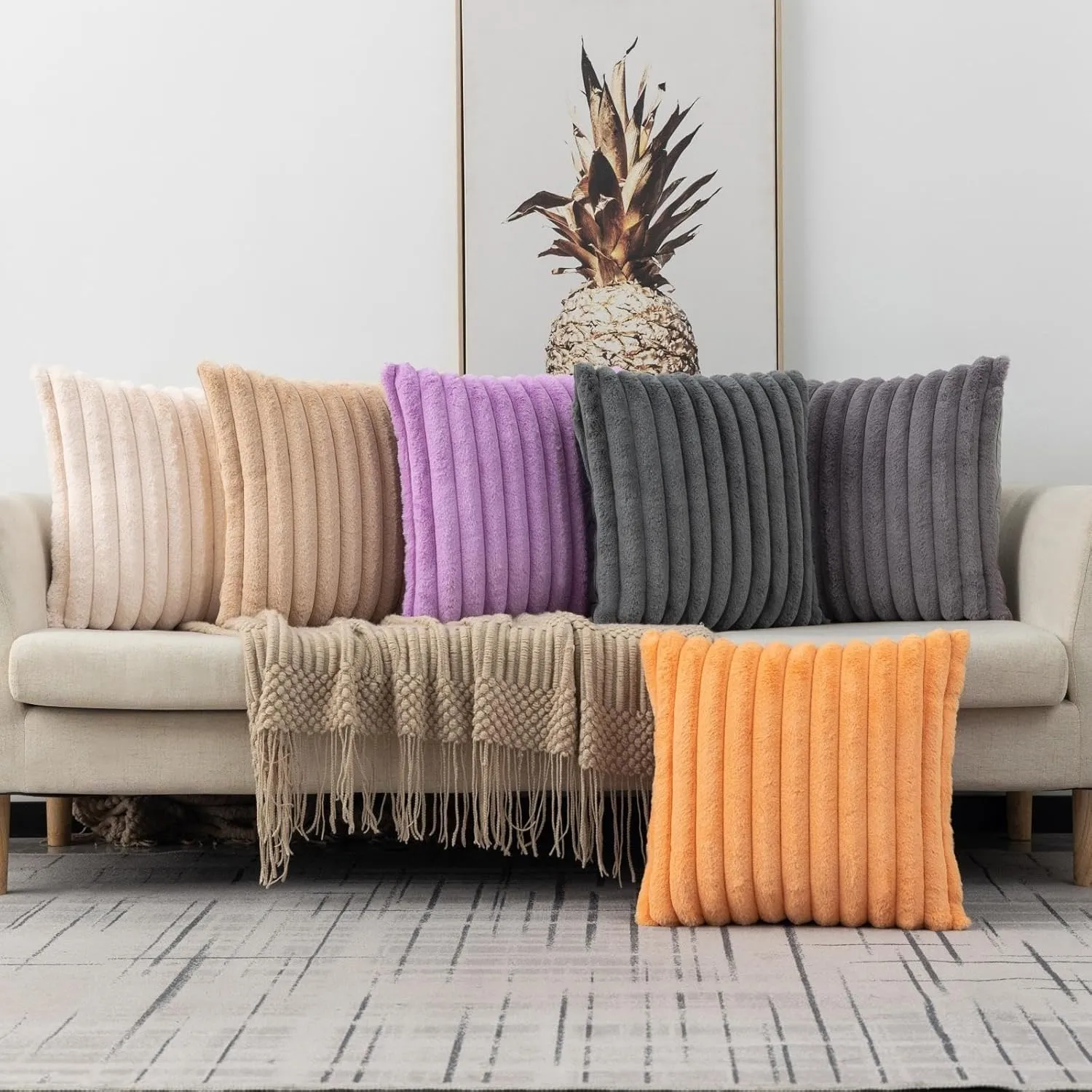 ZLINA Set of 2 Apricot Faux Fur Decorative Throw Pillow Covers Fluffy Striped Pillowcase Cushion Covers 18 x 18 Inch Decor Sofa Couch Bedroom