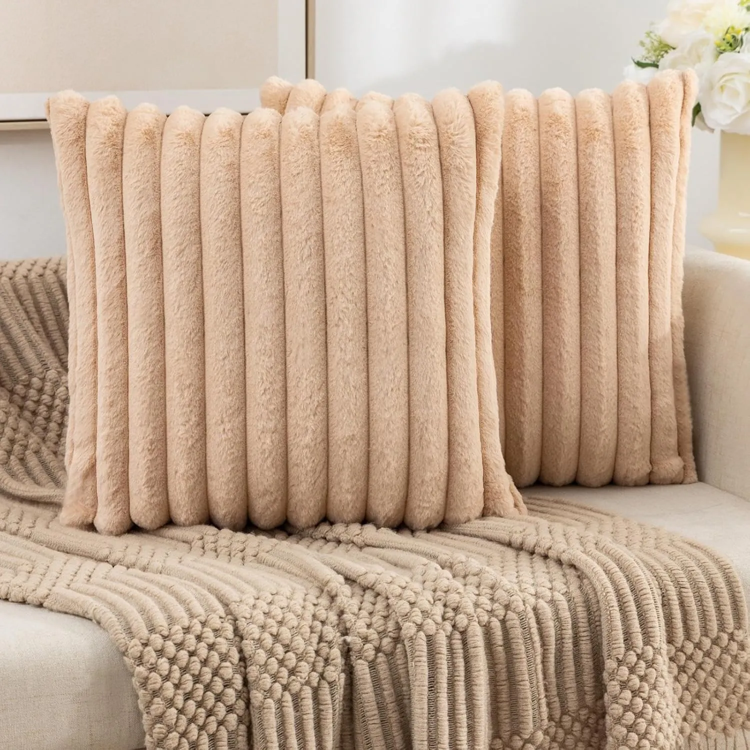 ZLINA Set of 2 Apricot Faux Fur Decorative Throw Pillow Covers Fluffy Striped Pillowcase Cushion Covers 18 x 18 Inch Decor Sofa Couch Bedroom