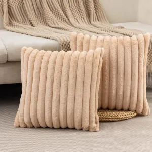 ZLINA Set of 2 Apricot Faux Fur Decorative Throw Pillow Covers Fluffy Striped Pillowcase Cushion Covers 18 x 18 Inch Decor Sofa Couch Bedroom