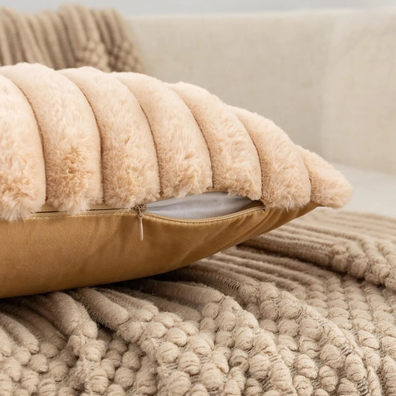 ZLINA Set of 2 Apricot Faux Fur Decorative Throw Pillow Covers Fluffy Striped Pillowcase Cushion Covers 18 x 18 Inch Decor Sofa Couch Bedroom