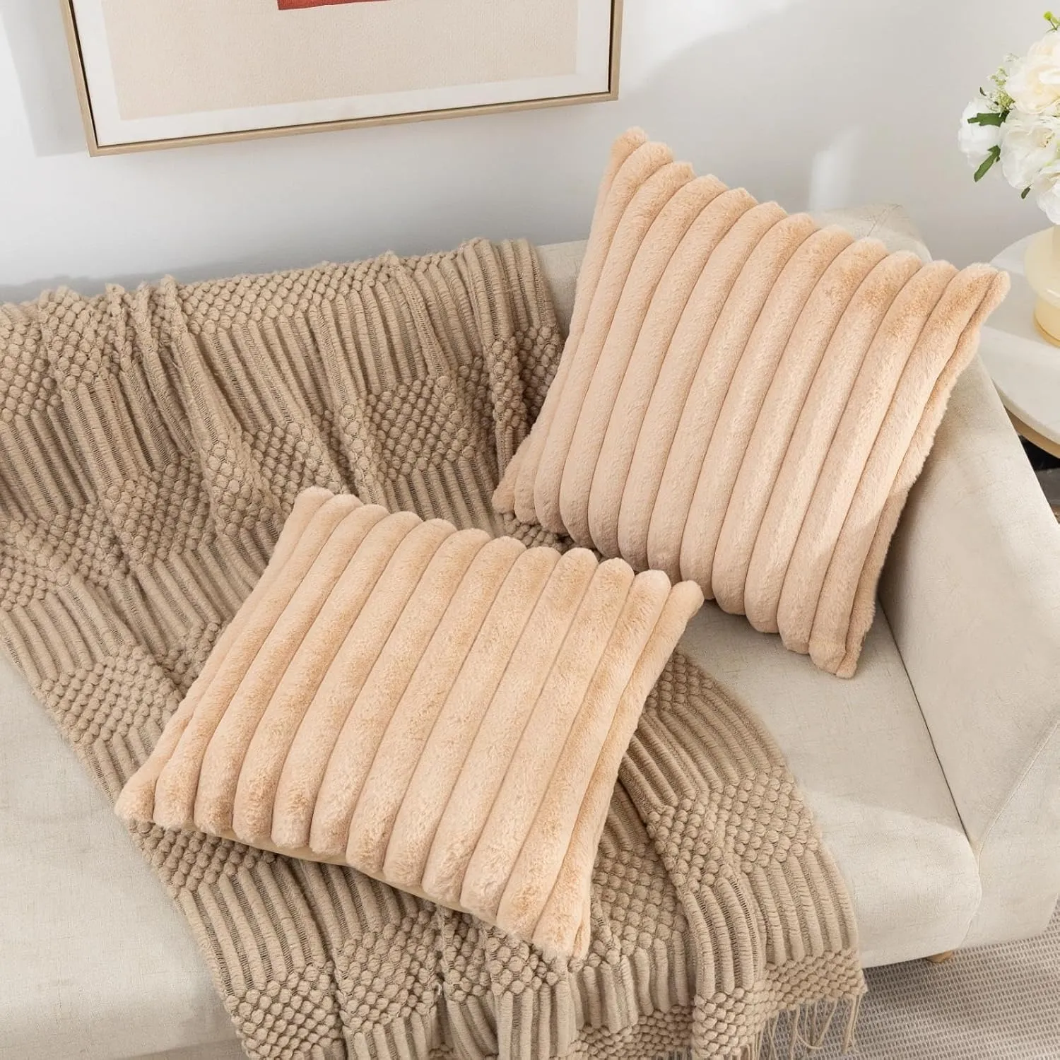 ZLINA Set of 2 Apricot Faux Fur Decorative Throw Pillow Covers Fluffy Striped Pillowcase Cushion Covers 18 x 18 Inch Decor Sofa Couch Bedroom