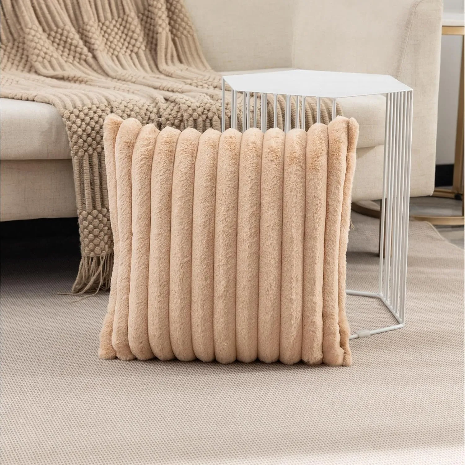 ZLINA Set of 2 Apricot Faux Fur Decorative Throw Pillow Covers Fluffy Striped Pillowcase Cushion Covers 18 x 18 Inch Decor Sofa Couch Bedroom