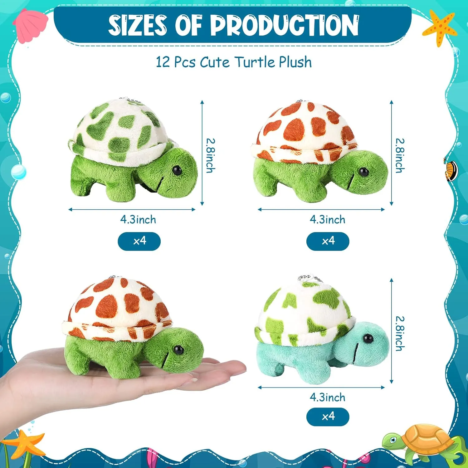 Zomiboo 12 Pcs Mini Animal Plush Toys Dolphin Sea Turtle Stuffed Animals Small Tiny Ocean Mini Plush Toys for Keychain Decoration Baby Xmas Bag Fillers Stocking Stuffs(Sea Turtle)